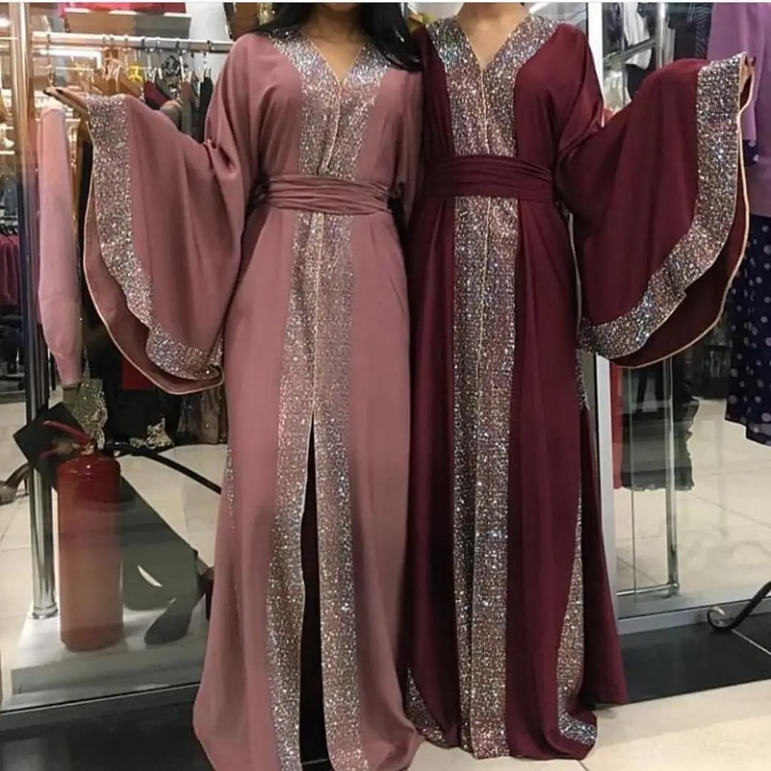 Модное Длинное платье Дубай abaya с блестящим камнем и рукавом-бабочкой элегантное мусульманское женское