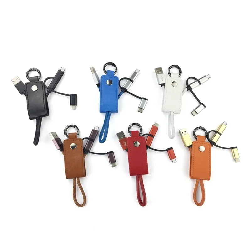 Keychain Gift Charge Android Mobile Phone For Iphone Data Cable Fast Charge 3-In-1 PU Leather Key Buckle Charging Cable