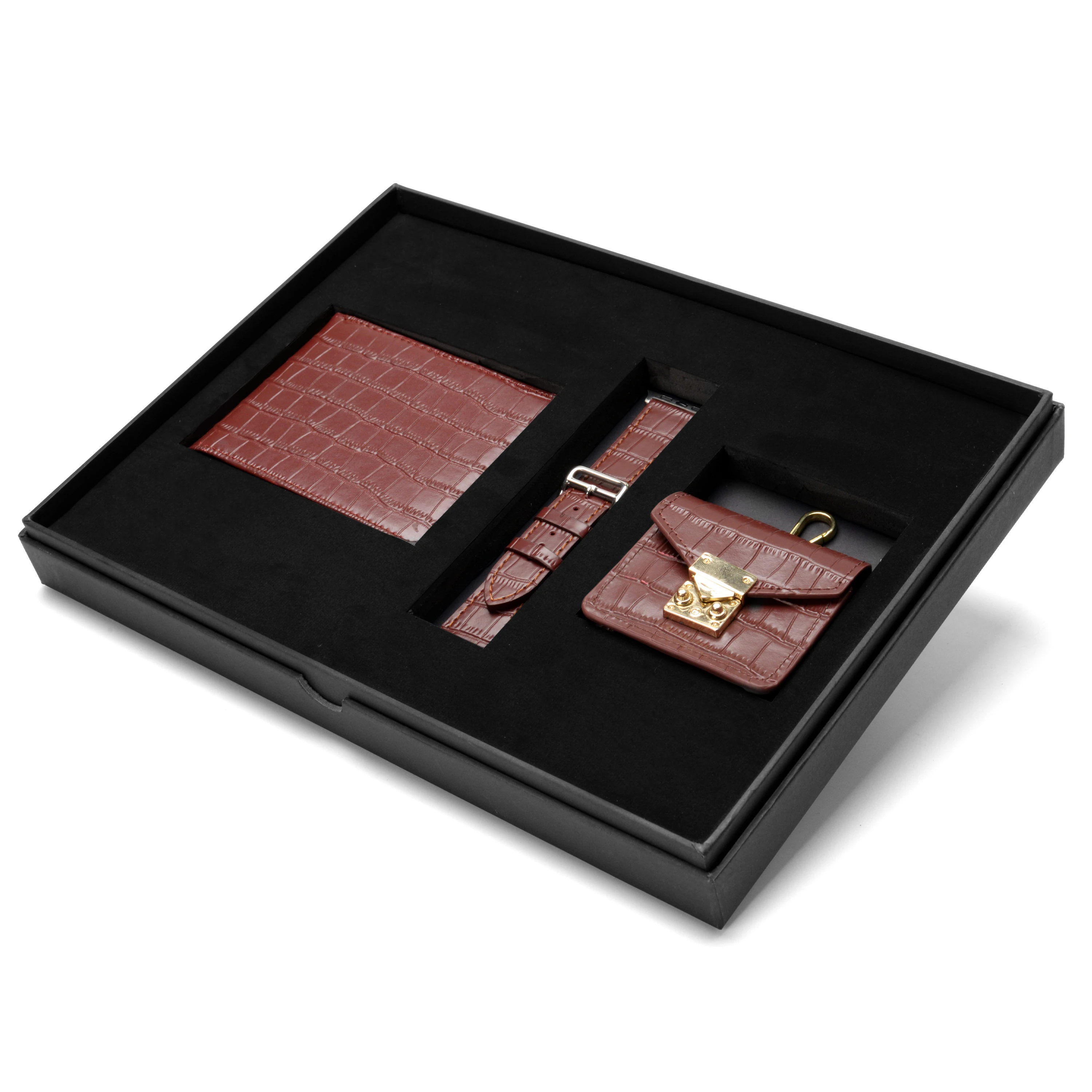 Professional Pu Leather Office Gift Set Custom LOGO Brown Crocodile Wallet Gift Set With Wallet Headphone Cover and Watch Band