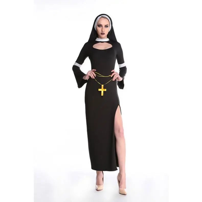Halloween black adult sexy nun costume role cosplay party priest Nun costume