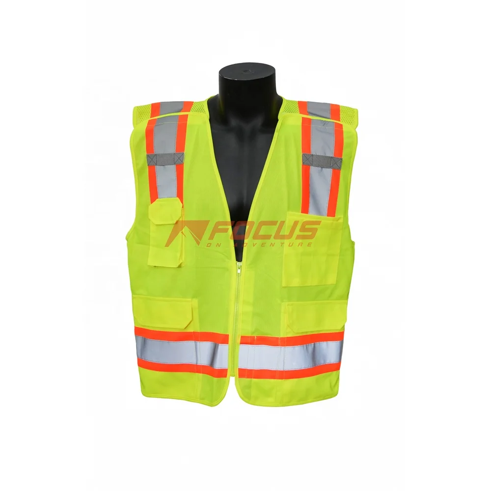 Летний флуоресцентный желтый светоотражающий ленточный жилет Hi Vis из полиэстера с карманами