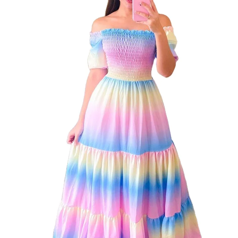 Sexy Tube New  Beach Summer dress Elegant Ladies offShoulder Butterfly Rainbow Floral Print Waist  women   ladies casual dresses