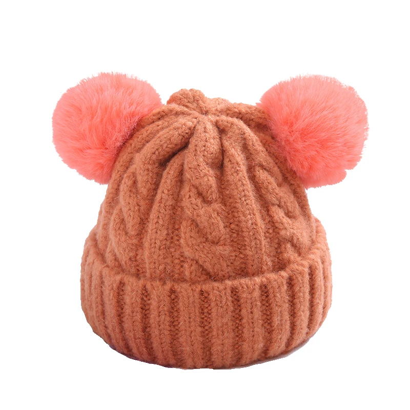 Cute Double Fur Ball Knitted Hat Pompom Winter Thick Kids And Adults Size Ribbed Cuffed Crochet Beanie Hats