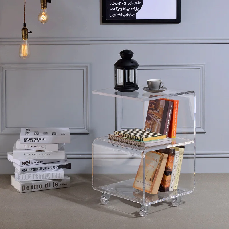 Modern Simple G Shaped Clear Furniture Acrylic Sofa Side Coffee Table on Wheel