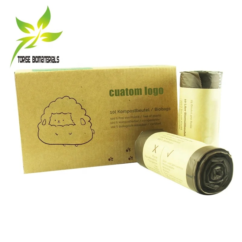 biodegradable trash bags with handle compostable cornstarch green die cut garbage bags box packed