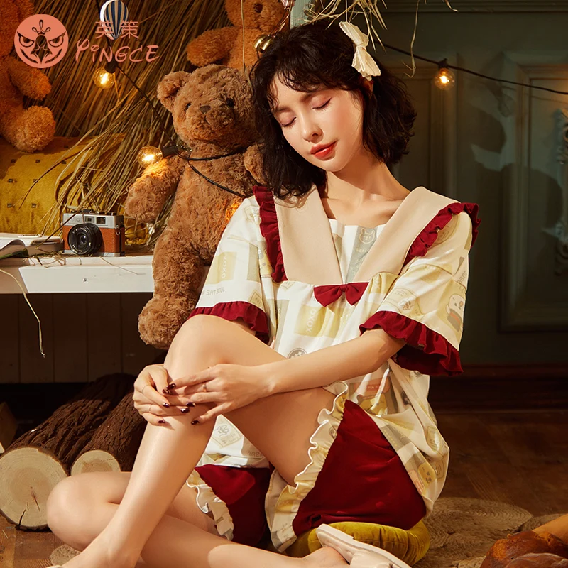 
Women summer customized short-sleeved cotton two-piece thin lapel cute cartoon printed loose plus size home clothes sleepwear 