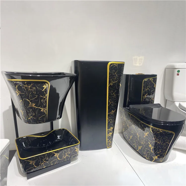 Luxury Gold Black Basin Inodoros Bathroom Water Closet Floor Mounted Toilet Bowl Ceramic One Piece Toilet Set