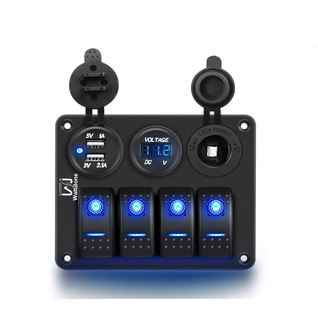 WattBons 4 Gang Rocker Switch Panel Waterproof Pre-Wired Aluminum Switch Panel with Dual USB Charger Cigarette Lighter Socket
