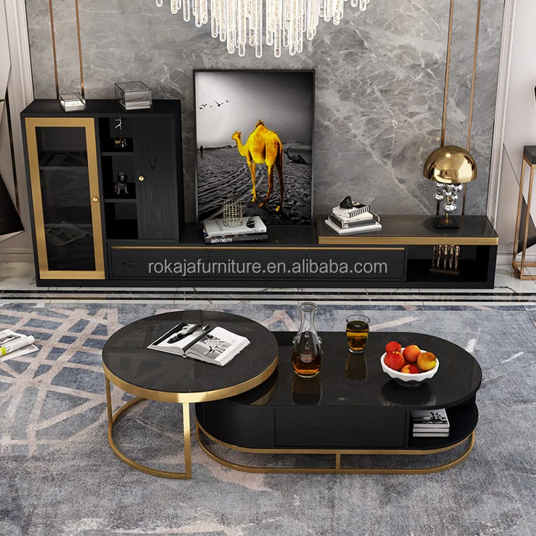 Modern Living Room Black Gold Slab Tv Stand Set Tempered Glass Oval Coffee Table Tv Stand Combo New Stainless Steel Tv Stand Set