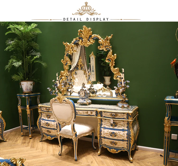 Yips LD-1508-1337B Emperor Blue Series Handpainted Gold-Leaf Pattern Bedroom Set Furniture Classical Luxury Dressing Side Chair