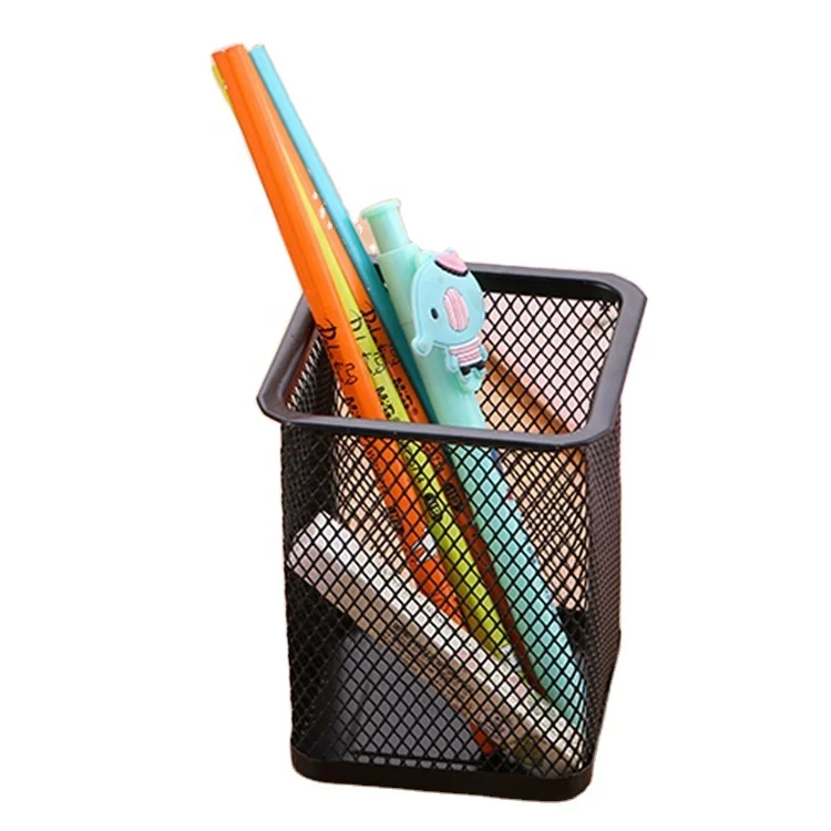Factory directly sale desk organizer metal mesh 9cm pen container round  square shape pencil mesh pen holder