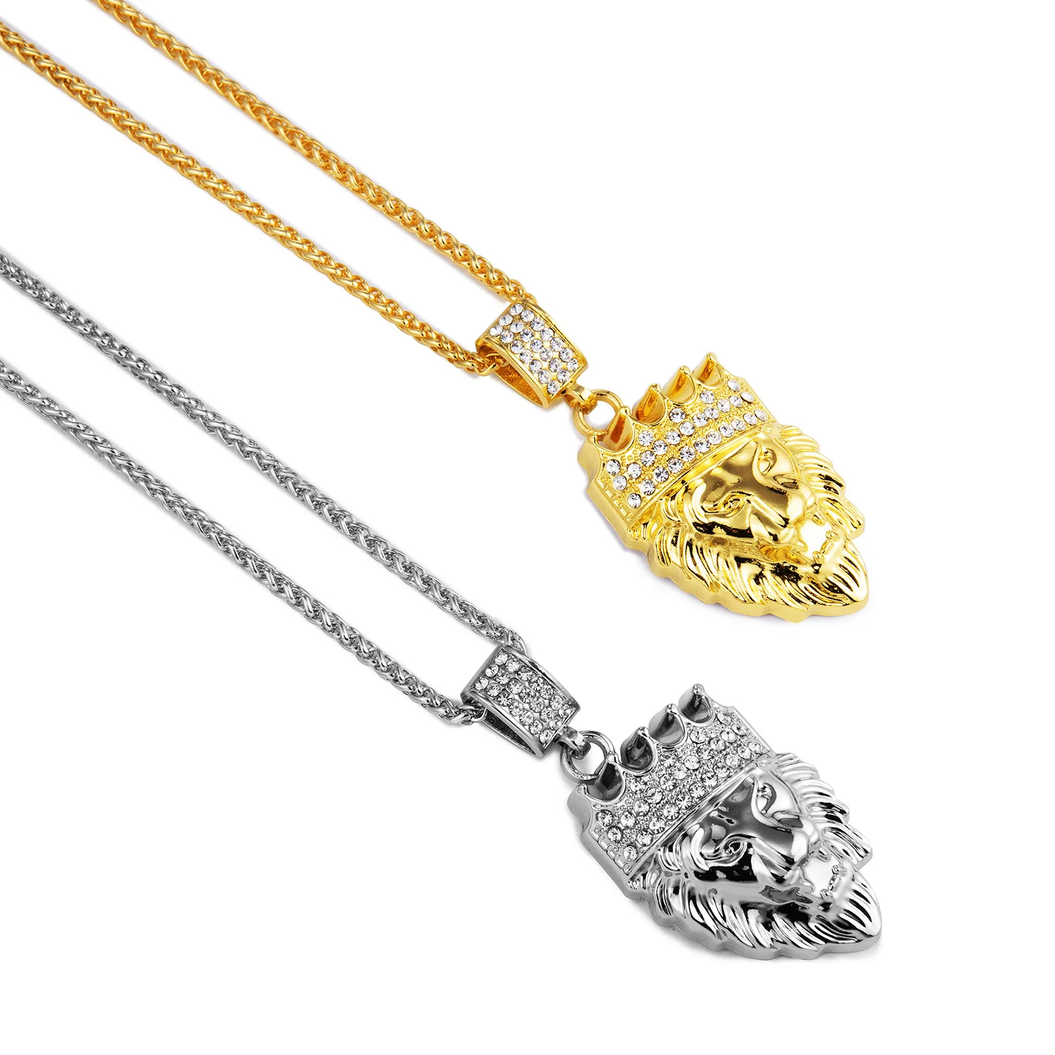 NEW Hip Hop Jewelry Iced Out Clear Rhinestones Curb Cuban Chain Crown Lion Head Pendant Necklace Gold Zinc Alloy for Men Women