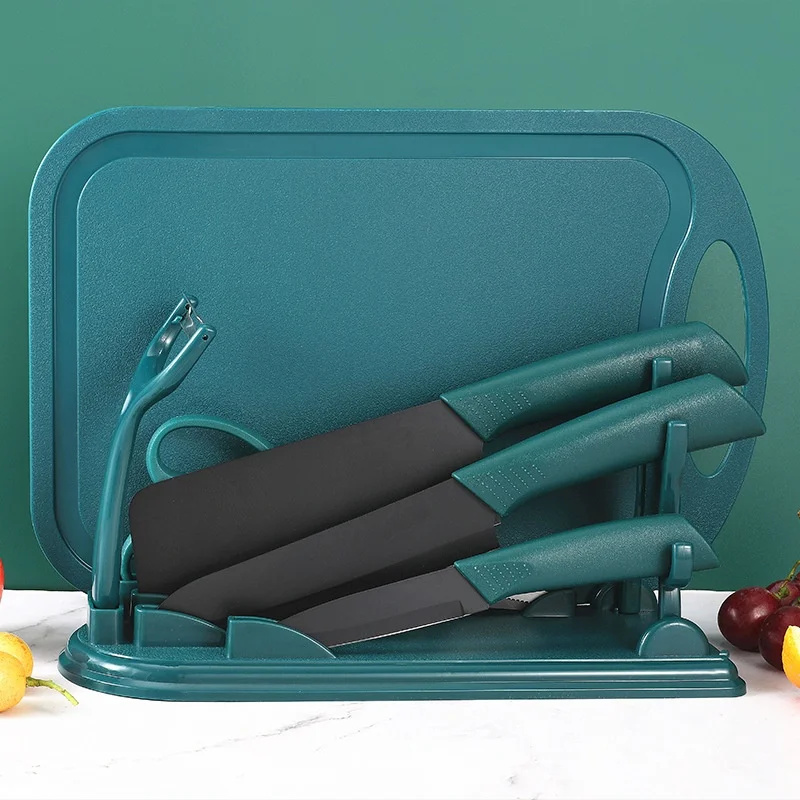 High quality Stainless Steel PP Handle dark green gift seven-piece knife set with cutting board and paring knife