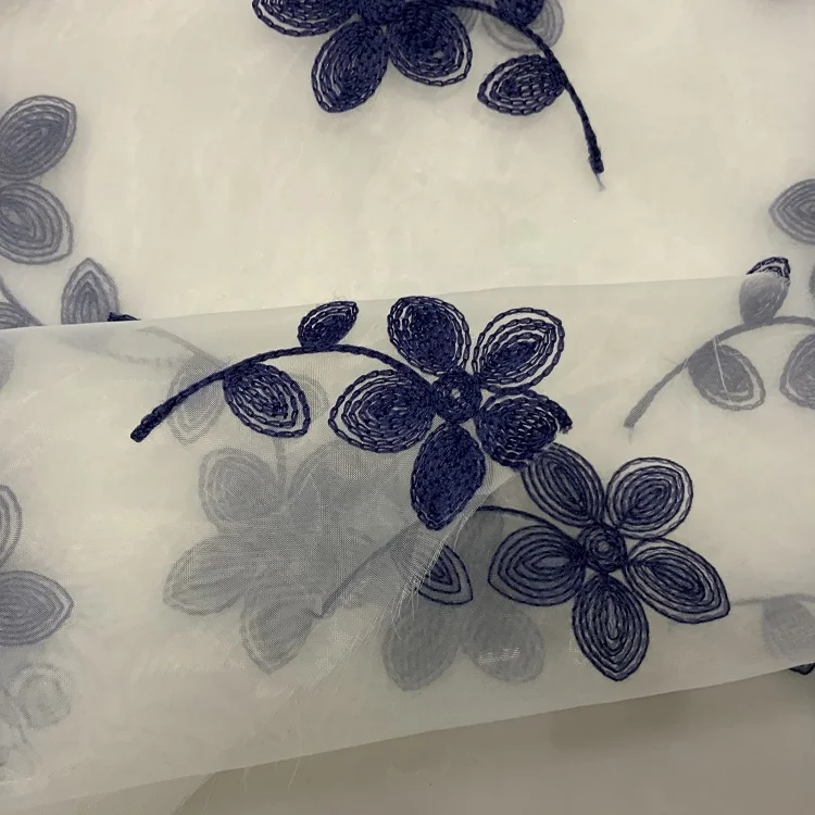 Soft new design cheap mesh big flower chain embroidery tulle organza fabric for dress