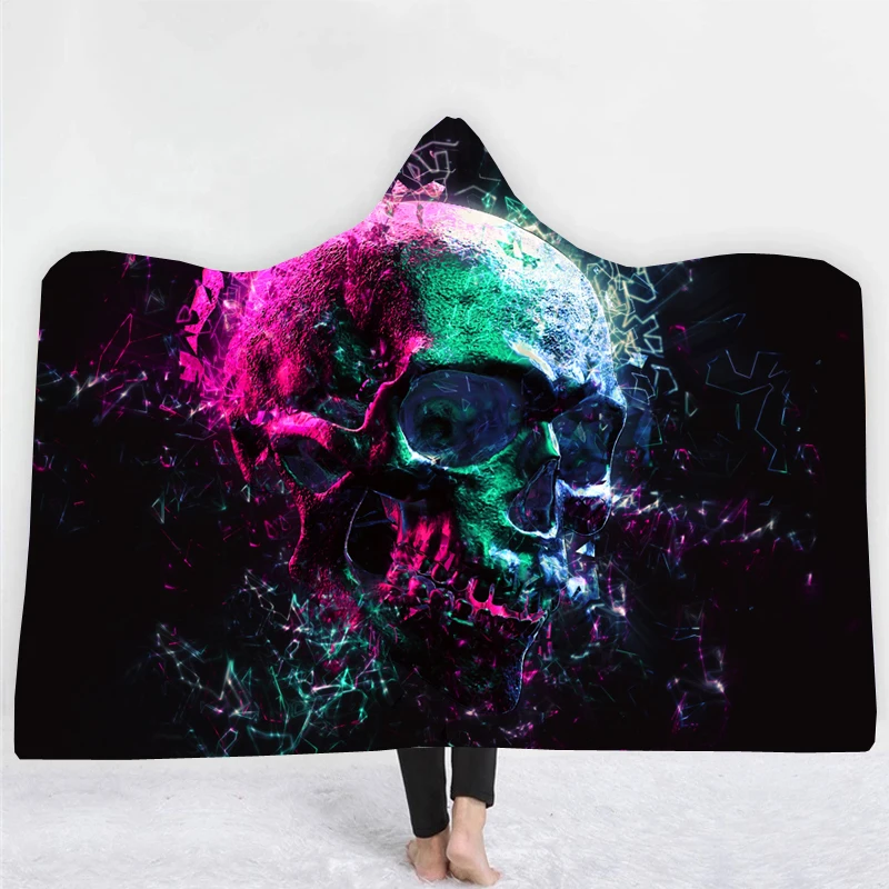 Professional Made Cyberpunk Style Skull Printed Wearable Blanket Super Soft Hoodie Blankets Warm Fleece Blanket