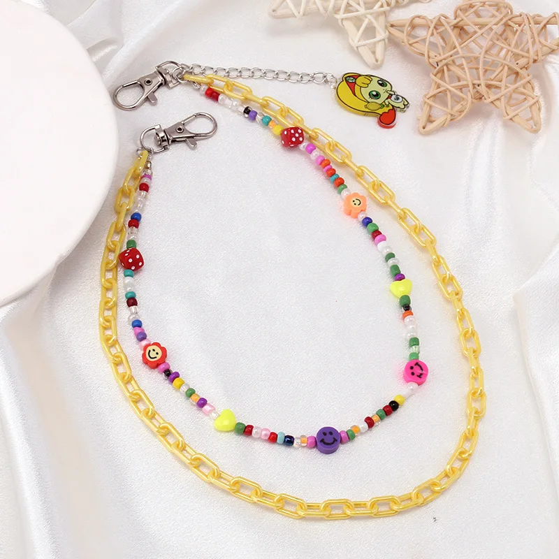 Fashion Colorful Rice Bead Resin Chain Double Layer Pants Chain Cute Cartoon Little Girl Pendant Decoration Trousers Chain