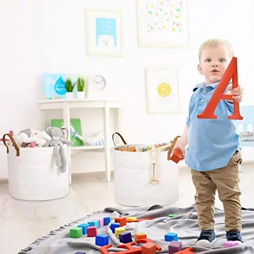 Dual-Braided Decorative fashion foldable Woven Laundry Cotton Rope storage Basket with Leather Handles