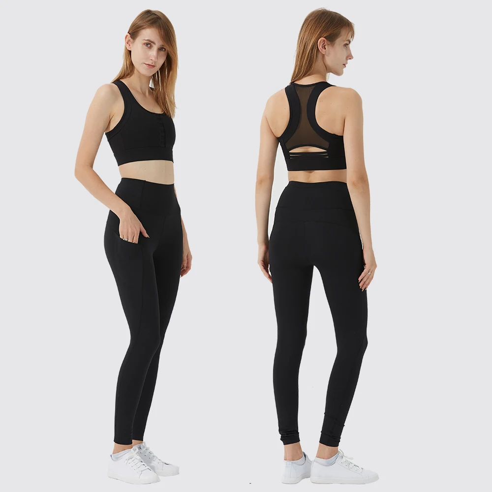 2316WX+2332KZ Custom Logo Breathable Bra Yoga Gym Pants Set With Side Pockets High Waist Leggings Gym Fitness Set
