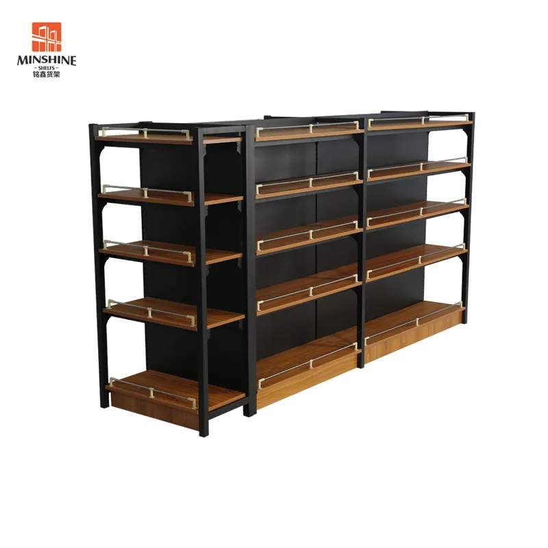 Wooden Gondola Display Shelf Display Rack Products Double Side Gondola Shelving