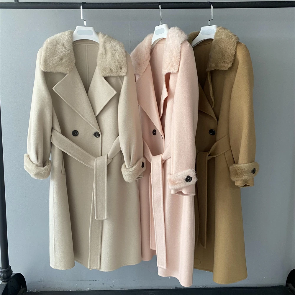 Soft Warm Slim Fit Long Style Double Faced Cashmere Coat Belt Luxury Women Winter Custom Logo Real Mink Fur Coat 100% Wool