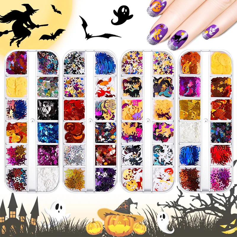3D Halloween Nail Art Glitter Sequins Flakes Gold Black Bat Skull Spider Pumpkin DIY Nail Art Decor Design Sequins For Women