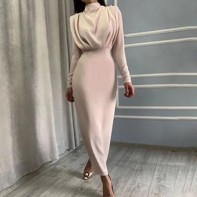 S-3XL Fall New Fashion Temperament Waist Fashionable Solid Color Long Sleeve Dress High Neck Wrapped Hip Evening Dress