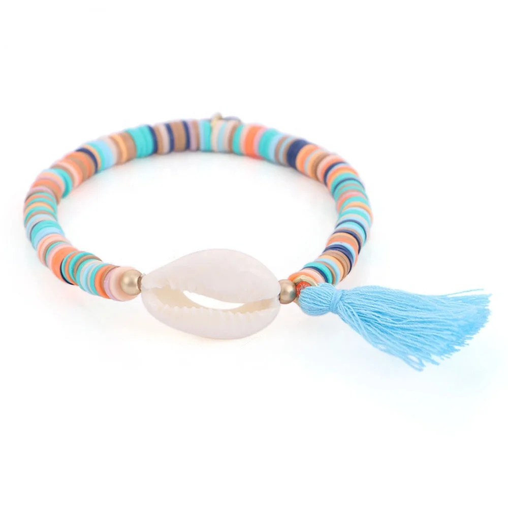 
White Case Elastic Bracelet Bohemian Coloured Polymer Clay Bead Bracelet Female Party Pearl Shell Beach 