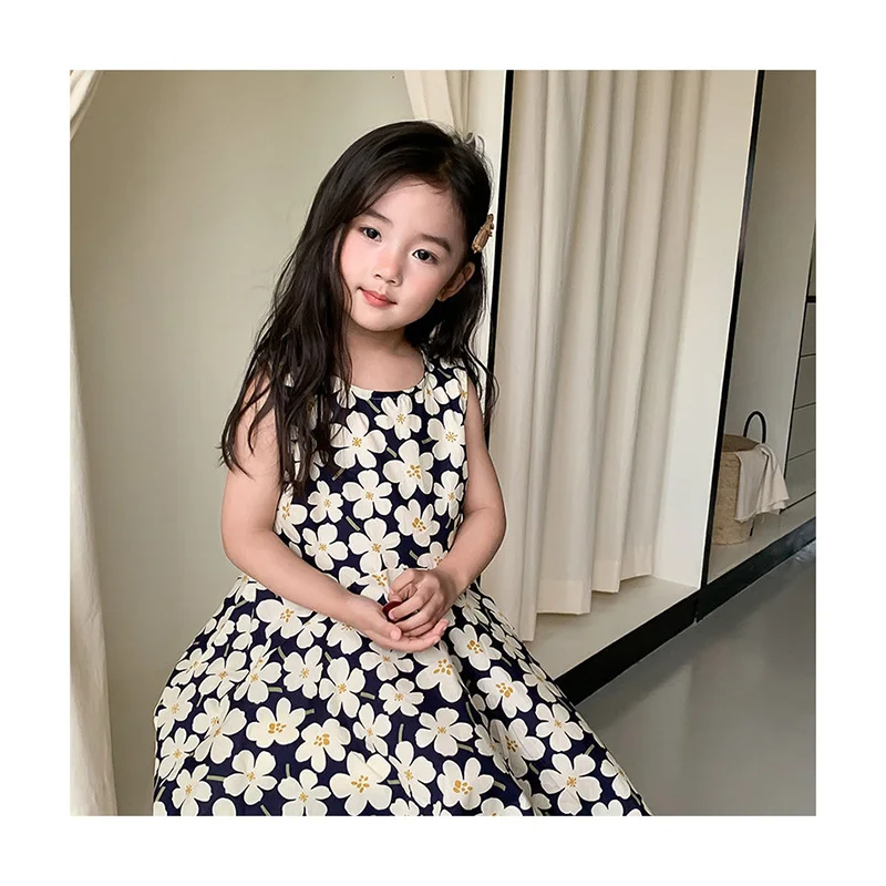 Yalindars Summer New Kids Sundress Sleeveless Floral Princess Dress with O-Neck Collar Long Knee-Length Sweet Pattern Design