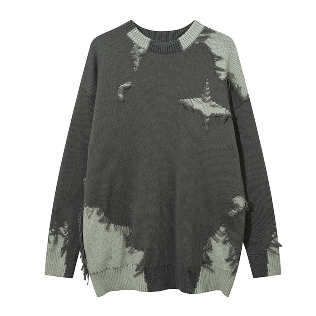 Raw Ripped Sweater Doublecolor Seam Damage Knit Necklace Ripped Holes Oversized Jacquard Sweater Men Sweatshirt Pullover Hip Hop