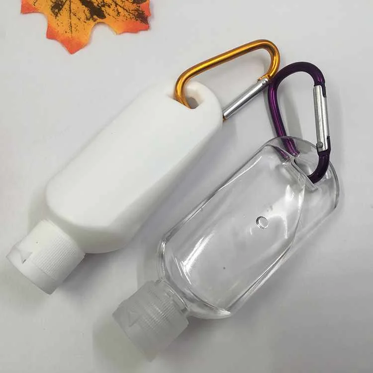 Clear 50ml Empty Pet Plastic Hand Sanitizer Bottle With Silicone Pocketbac Holder For Travel With Keychain