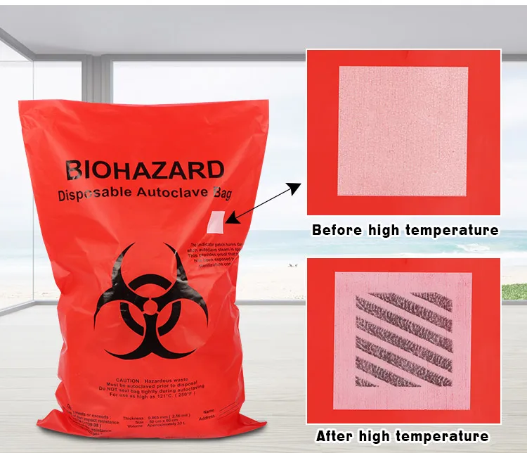 Large red autoclave medical biohazard waste bags disposal