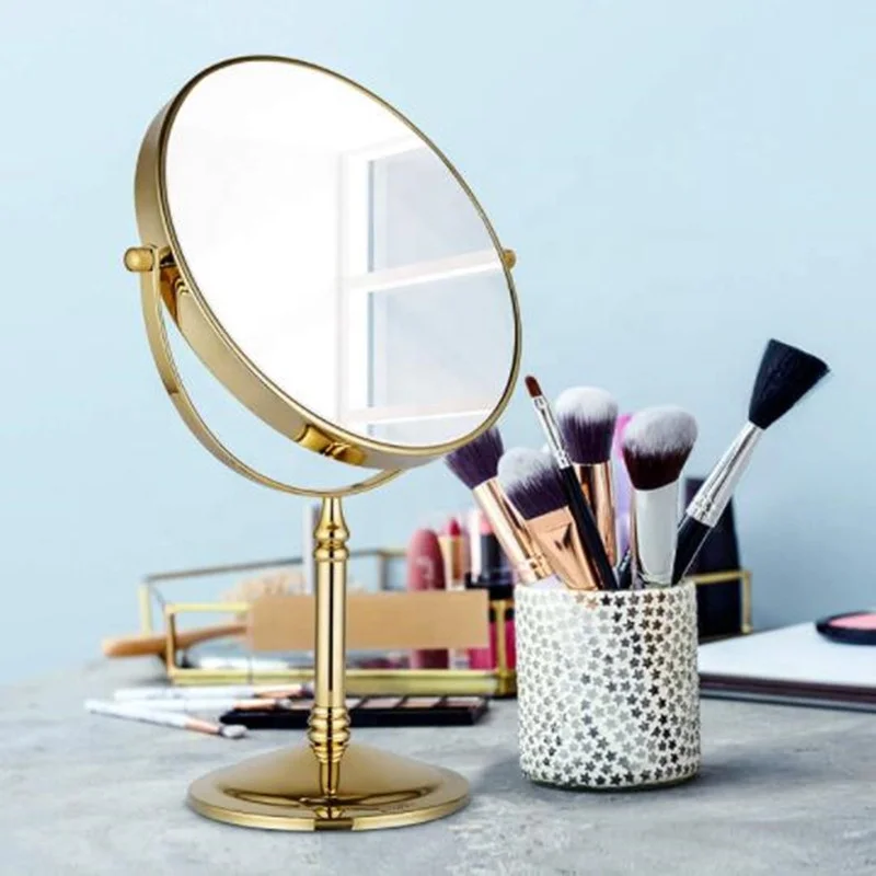 Double Side Magnification Round Hotel Household Vanity Table Makeup Mirror With Gold-Plated Frame And Stand