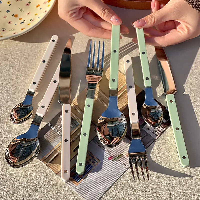 Stainless steel high quality flatware cutlery fork spoon knife flatware juego cubiertos acero inox tableware with plastic handle