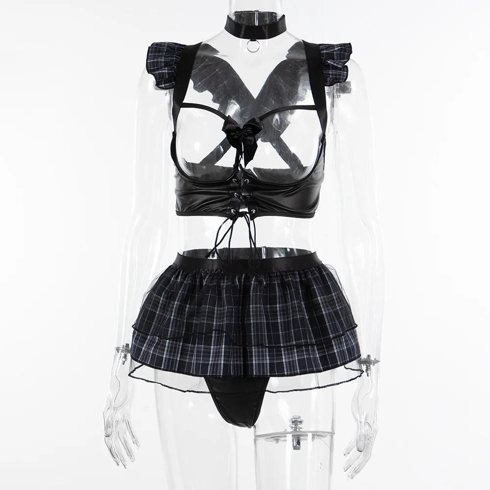 128A Sexy Student Cosplay Lingerie Set With Apron Choker Open Bra Uniform Temptation Plaid Women Maid Costume Lingerie