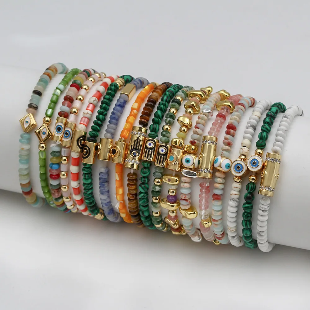 2023 New Arrivals Mix Color Natural Stone Beaded Bracelets Wholesale Gold Plated Turkey Blue Demon Evil Eyes Bracelet For Couple