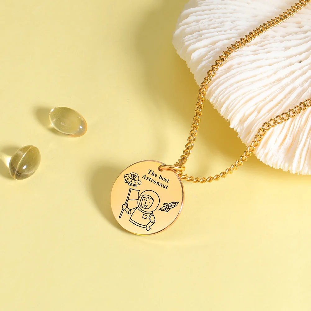 Women Layering Necklace 18K Gold Plated  Laser Engraving The best Astronaut Disc Necklace Cute Jewelry