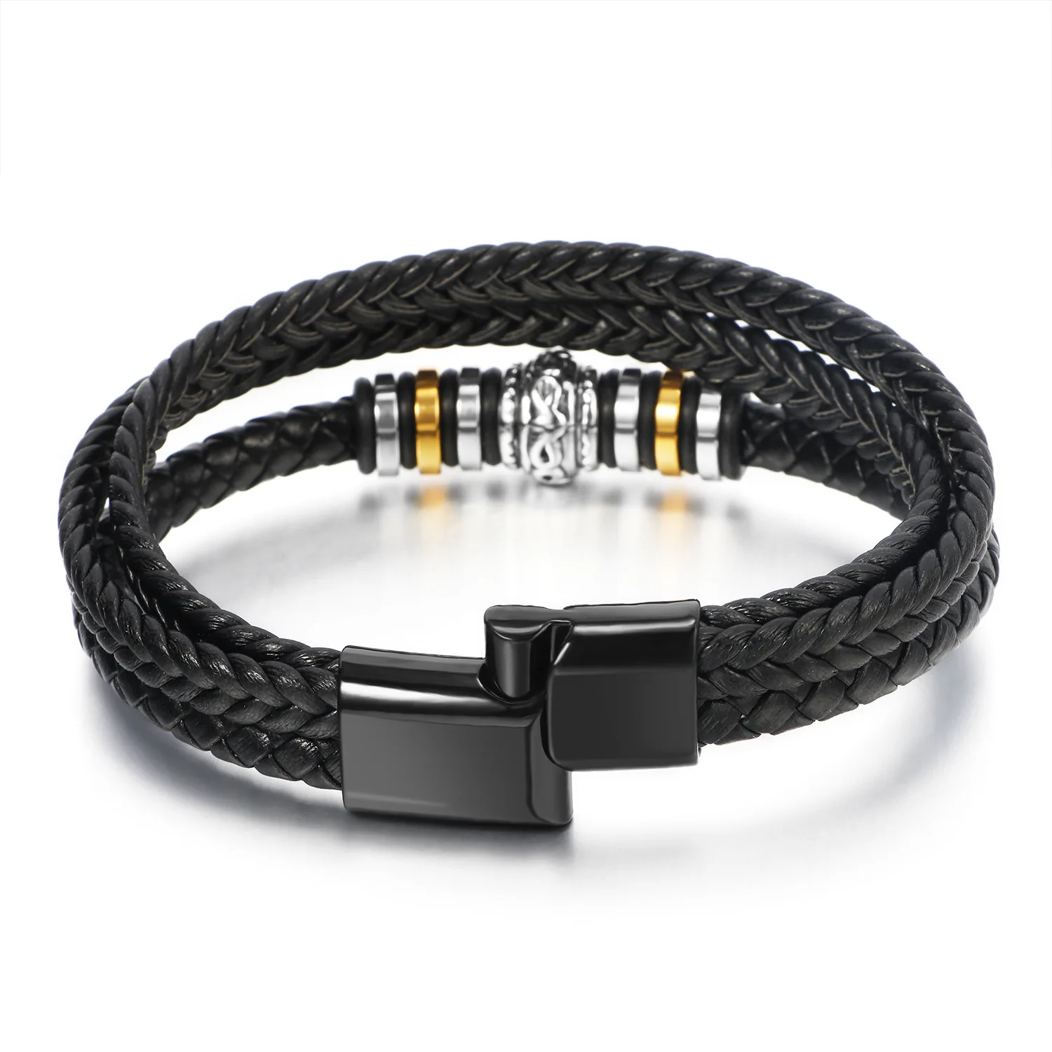 Top Selling Stainless Steel Multi Layers Leather Bracelet Titanium Steel Magnetic Clasp Black Leather Bracelet for Men