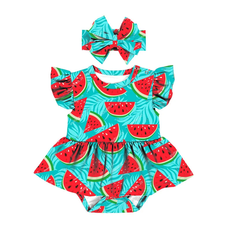 2023 Custom Print Toddler Baby Girls Flutter Short Sleeve One Piece Skirted Romper Bodysuit Outfit