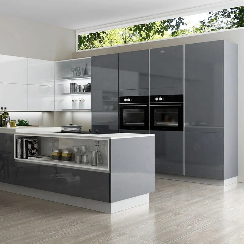 SUOFEIYA High Quality Moduler Designs Gray Glossy Finish Kitchen Cabinets for Prefab Houses