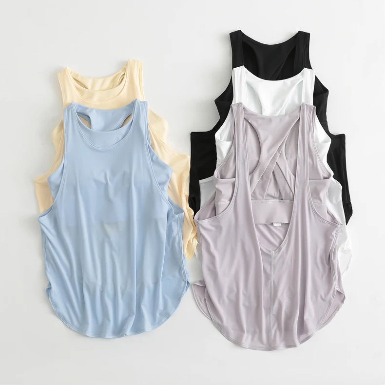 Women hollow back mesh breathable weightless loose tank top fitness sleeveless tops 2 in 1 piece