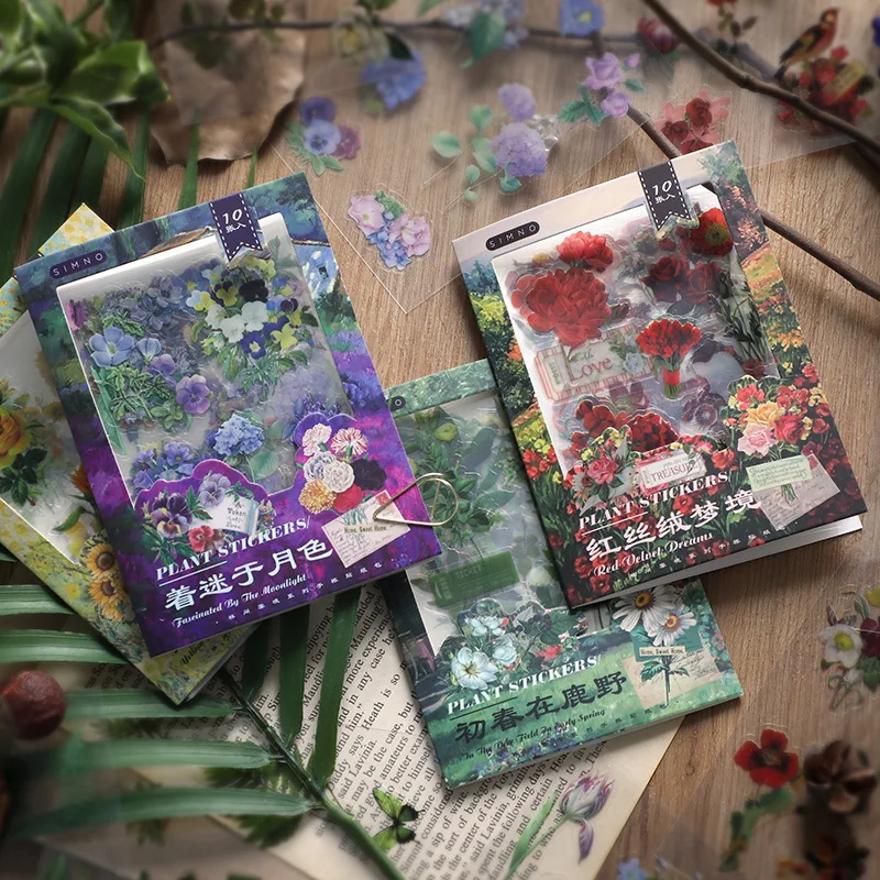 10pcs Romantic Art PET Stickers Ins Wind Plant Journal Decoration Material Cute Scrapbook Stickers Stationery Accessories Kawaii