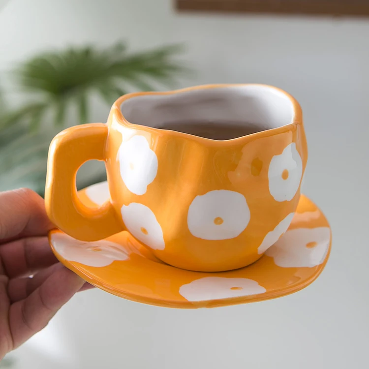 Modern nordic cute irregular flower design custom 200ml porcelain cup set ceramic pink expresso coffee cups with saucer
