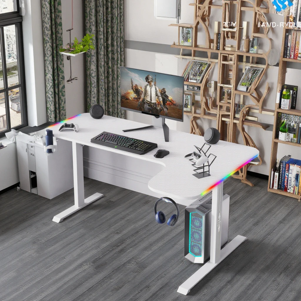 L shaped modern large carbon fibre gaming desk for pc custom big pc fashion white rgb mesa gaming desk manufacturer