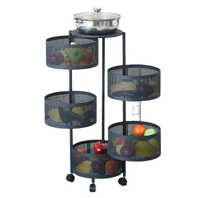 Round Rotating Storage Rack Fruit Vegetable Kitchen Storage Rotatable 5 tier Shelf storage holders racks organizer With Wheels