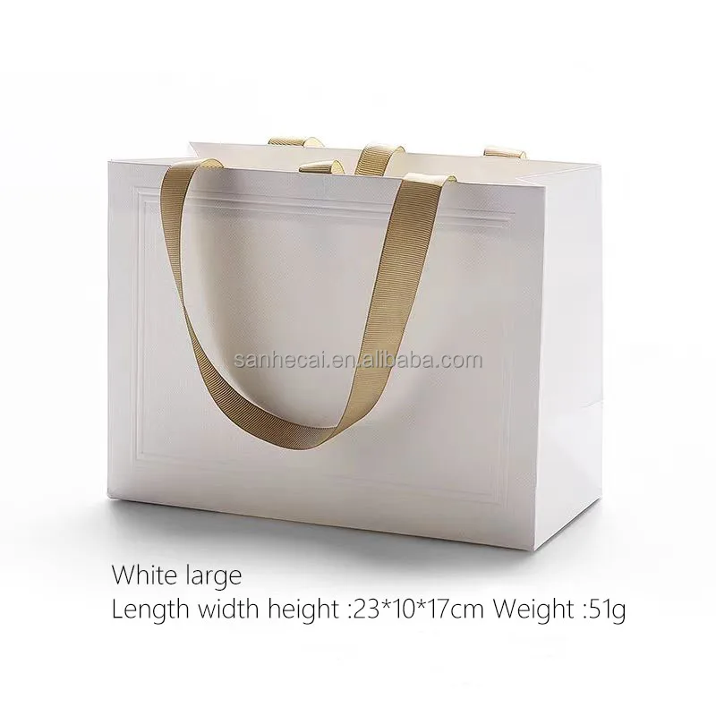 Custom Handmade Ivory Board Kraft Paper Bag with Ribbon Embossing for Jewelry & Cosmetic Boutique Gift Packing