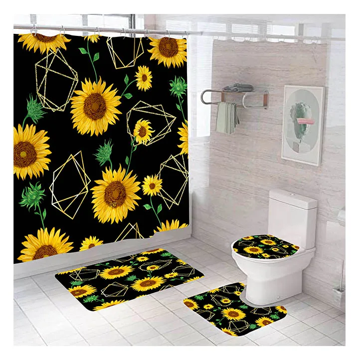 Sunflower Digital Printing Polyester Cortinas De Baos Girasol 4 pcs Bathroom Shower Curtain Set with Plastic Hooks