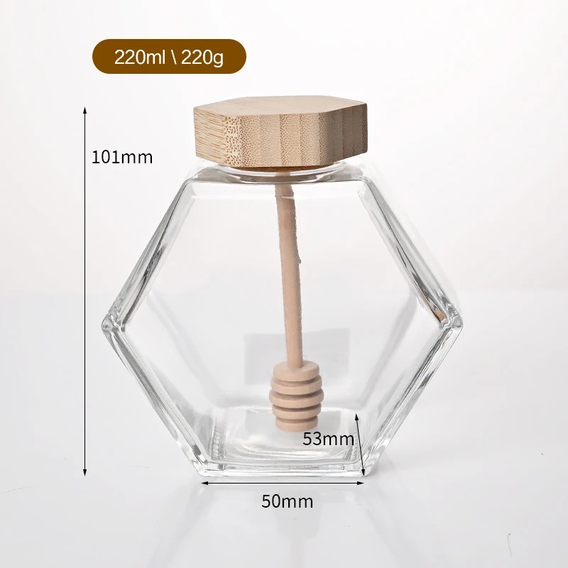 Wholesale 100ml 220ml 380ml Empty Honey bottles Clear Honeycomb hexagon bee shaped Glass Honey Jars with Lid Spoon and Dipper