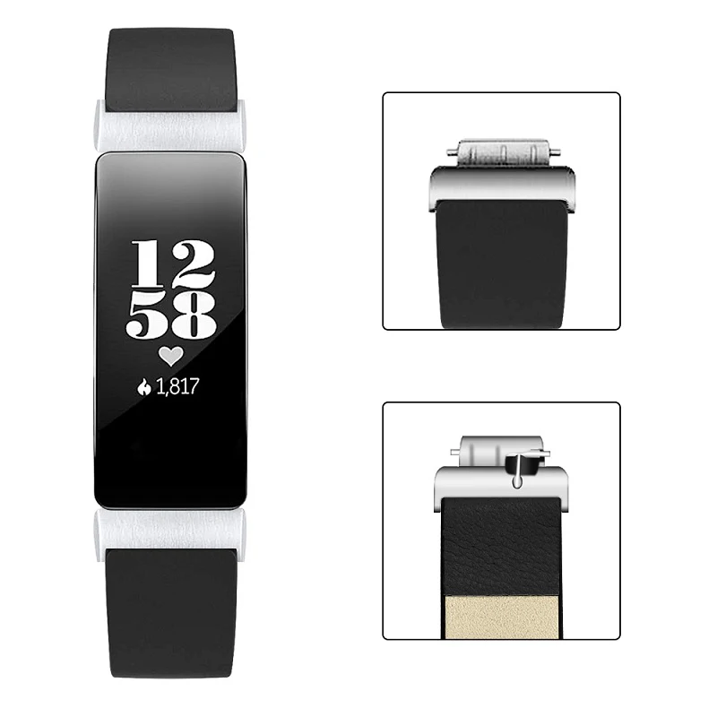 Extra Long for Fitbit Inspire/Inspire HR Wrist Strap Stainless Steel Silver Black Buckle Double Tour Leather Watch Band