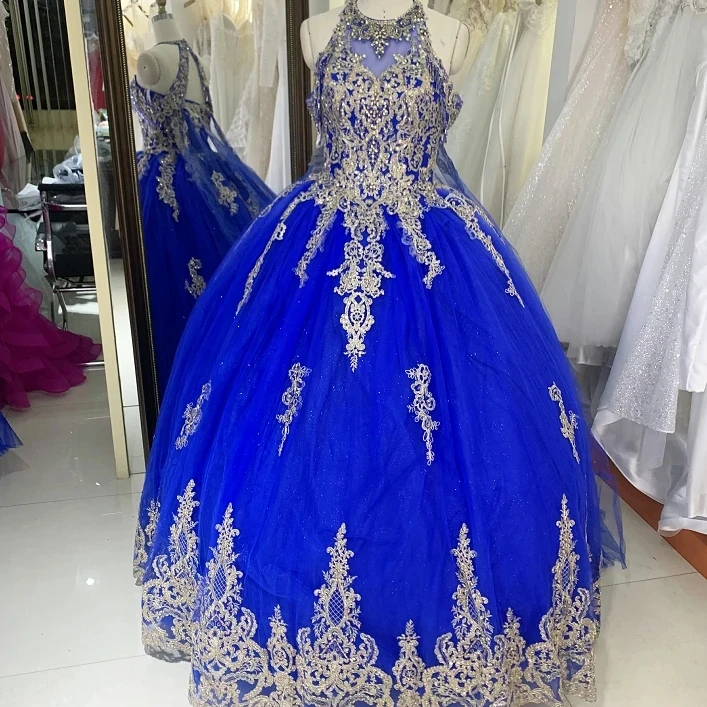 Royal halter neck gold embroidery beading lace up back quinceanera sweet 16 ball gown