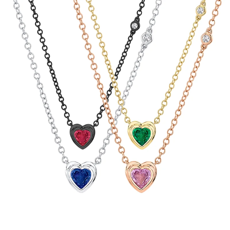Slovehoony Emerald Heart 18k Gold Fine Jewelry Necklace Pink Sapphire Bezel Heart Necklaces For Women